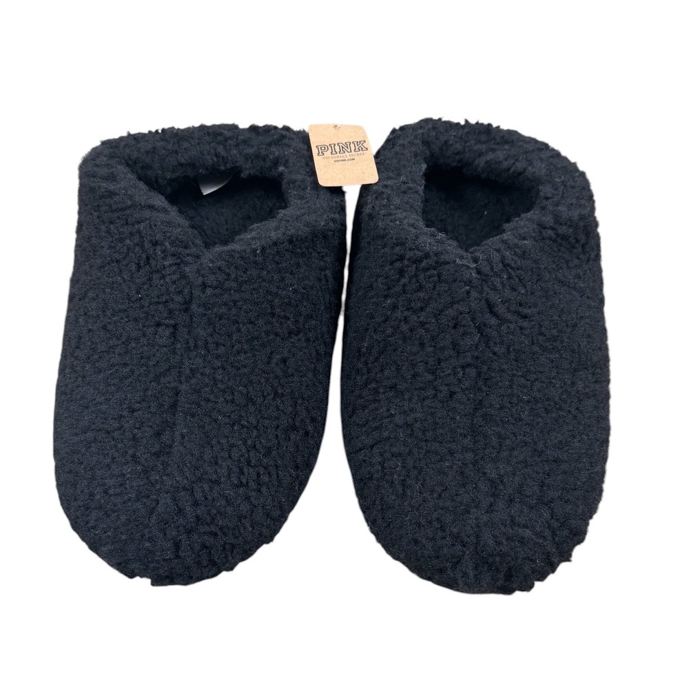 NWT Victoria's Secret PINK Black Sherpa Slippers Cozy Size Small Campus Home
